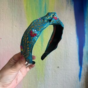 Embroidered Teal Headband with Floral Accents
